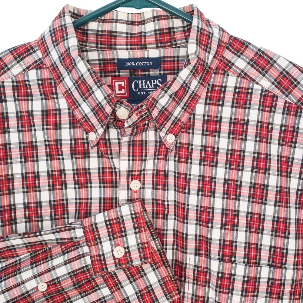 Chaps Ralph Lauren Button Down Men's‎ Large Red Black White Plaid 100% Cotton